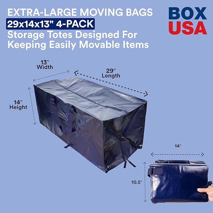 BOX USA 4 Pack Extra Large Blue Moving Bags with Handles & Zippers | Heavy Duty Storage Totes, Packing, Dorm Room Essentials & College Space Saving