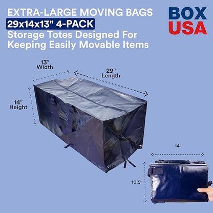 BOX USA 4 Pack Extra Large Blue Moving Bags with Handles & Zippers | Heavy Duty Storage Totes, Packing, Dorm Room Essentials & College Space Saving