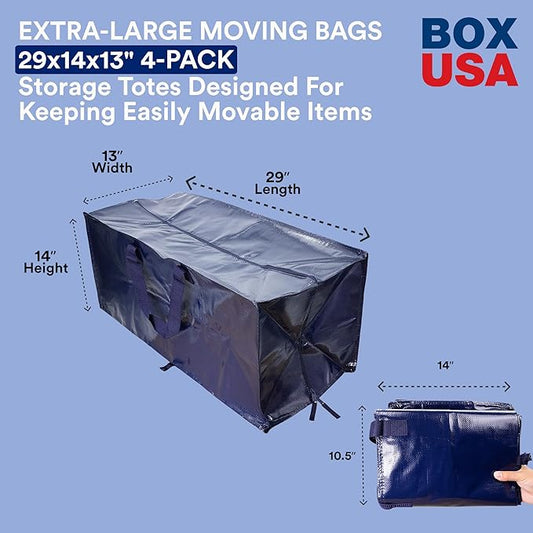 BOX USA 4 Pack Extra Large Blue Moving Bags with Handles & Zippers | Heavy Duty Storage Totes, Packing, Dorm Room Essentials & College Space Saving