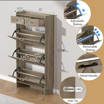 Shoe Cabinet with 3 Flip Drawers & 2 Storage Drawers, Rustic Farmhouse Narrow Shoe Organizer Cabinet, Slim Shoe Rack Cabinet, Shoe Storage Cabinet for Entryway, Hallway, Front Door