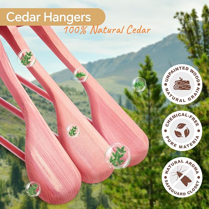 HOUSE DAY Wide Shoulder Cedar Hangers for Suits and Coats with Non Slip Pant Bar,360° Swivel Hook, Smooth Finish Cedar Wood Hangers for Closet, Closet Essentials, 5 Pack