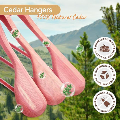 HOUSE DAY Wide Shoulder Cedar Hangers for Suits and Coats with Non Slip Pant Bar,360° Swivel Hook, Smooth Finish Cedar Wood Hangers for Closet, Closet Essentials, 5 Pack