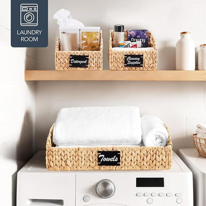 Best Choice Products Natural Hyacinth Angled Pantry Storage Baskets, Large Woven Wicker Storage Bins w/Handles, Storage Container Baskets for Shelves, Chalkboard Label & Marker (Set of 3) - Natural