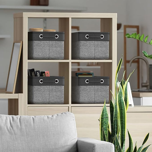 Sorbus Fabric Storage Cubes 15 Inch- Big Sturdy Collapsible Canvas Storage Bins with Dual Handles- Foldable Closet Cubes- Decorative Storage Baskets for Shelves | Home & Office Use- 3 Pack| Grey/Tan