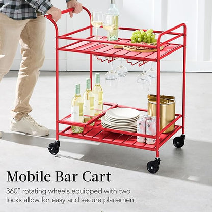 Best Choice Products Rolling Bar Cart, Mobile Home Bar Serving Cart, Serving Station w/ 2 Tier Shelves, Wine Rack, Lockable Wheels - Red
