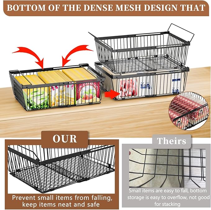 ANJUBAN Large Freezer Organizer Bins，Upgraded Bottom Leak-Proof net，2 Pack， Expandable Stackable Chest Freezer Containers with Handle，for Fridge, Deep Freezer, Cabinet, Kitchen, Pantry (Black-6Pack)
