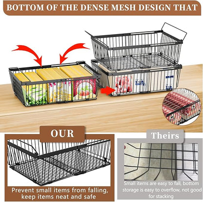 ANJUBAN Large Freezer Organizer Bins，Upgraded Bottom Leak-Proof net，2 Pack， Expandable Stackable Chest Freezer Containers with Handle，for Fridge, Deep Freezer, Cabinet, Kitchen, Pantry (Black-6Pack)