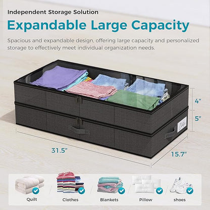 2 Pack Under Bed Storage Containers, Double Layer Underbed Storage Bins for Extensible Closed Design,Clothes Storage Bins with Sturdy Sidewalls/Bottom and PVC Clear Window for Shoes Storage Organizer