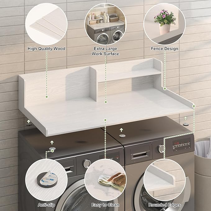 Washer Dryer Countertop, White - 2-Tier Wood 54" x 27.5" Laundry Topper with Safety Guard & Non-Slip Pads, Over The Washer Dryer Folding Shelf for Maximum Space Saving & Organization