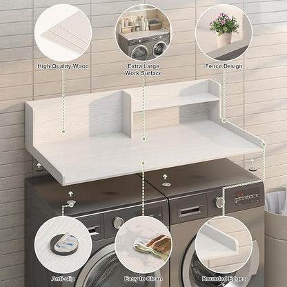 Washer Dryer Countertop, White - 2-Tier Wood 54" x 27.5" Laundry Topper with Safety Guard & Non-Slip Pads, Over The Washer Dryer Folding Shelf for Maximum Space Saving & Organization
