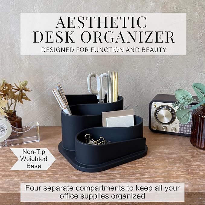 OAKOA Black Desk Organizer - Modern Desk Accessories - Aesthetic Desk Accessories - Desk Decor - Black Pen Holder
