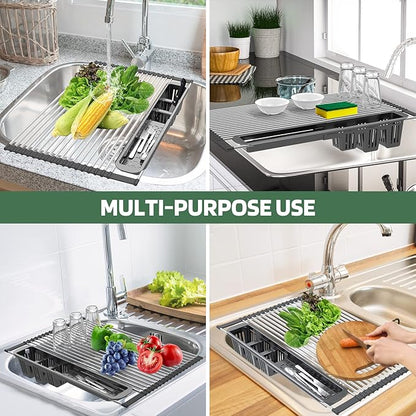 Extra Large Black Expandable Roll Up Dish Drying Rack,Over The Sink Kitchen Rolling up Dish Drainer, for Kitchen Sink Counter，Foldable Sink Cover with Removable Utensil Holder(Expandable Width Size)