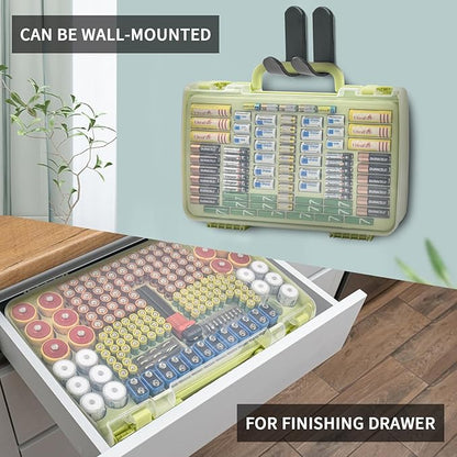Battery Organizer Storage Holder Box Case with Tester- 269 Batteries Double-Sided Variety Pack, Holds AA AAA 4A C D Cell 9V 3V Lithium LR44 CR2 CR123 CR1632 18650 Button- Green (Box Only)