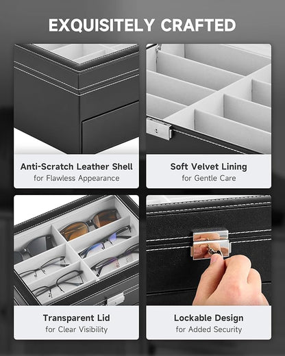 CO-Z Sunglasses Organizer, Leather Eyeglasses Storage Box for Women Men, Lockable Sunglass Display Case Holder with Drawer
