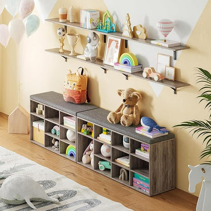 DINZI LVJ Shoe Bench, 9 Cubbies Shoe Organizer for Entryway, Storage Bench with Cushion, Cubby Shoe Rack with Adjustable Shelves for Living Room, Bedroom, Mudroom, Hallway, Greige
