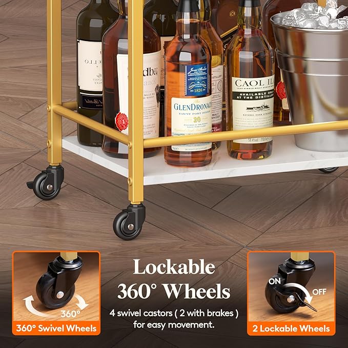 Lifewit Bar Cart for The Home, 3 Tier Rolling Wine Cart, Drink Serving Cart with Lockable Wheels, Mini Liquor Utility Cart for Dining Living Room, 43 x 30 x 81.5 cm/17x 11.8 x 32.1 inch, Gold