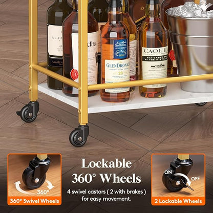 Lifewit Bar Cart for The Home, 3 Tier Rolling Wine Cart, Drink Serving Cart with Lockable Wheels, Mini Liquor Utility Cart for Dining Living Room, 43 x 30 x 81.5 cm/17x 11.8 x 32.1 inch, Gold