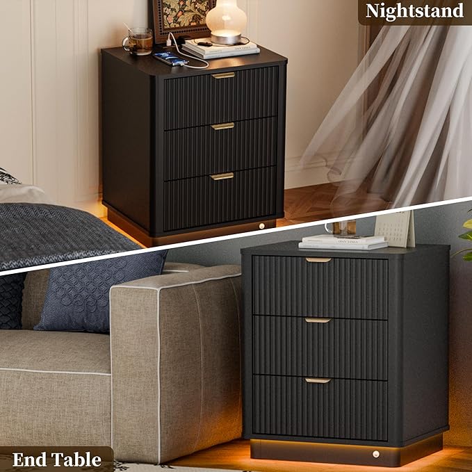 BONITURE Fluted Night Stand Set of 2, Curved Nightstands with Charging Station Lighting, Wood End Table with 3 Drawers, Modern Side Table Storage Cabinet for Bedroom Office,(2, Black)