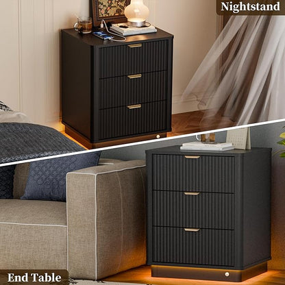 BONITURE Fluted Night Stand Set of 2, Curved Nightstands with Charging Station Lighting, Wood End Table with 3 Drawers, Modern Side Table Storage Cabinet for Bedroom Office,(2, Black)
