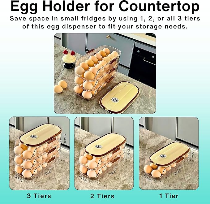 3-Tier Egg Dispenser for Refrigerator, Rolling Egg Organizer with Time Tracker, Stackable BPA-Free Egg Container Holds 42 Eggs, Fresh Egg Holder for Countertop Storage