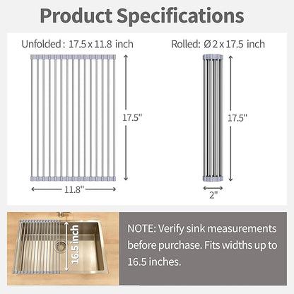 TYZUIAW Roll Up Dish Drying Rack for Over Sink -17.5"x11.8" Foldable Stainless Steel Kitchen Drainer，Gray