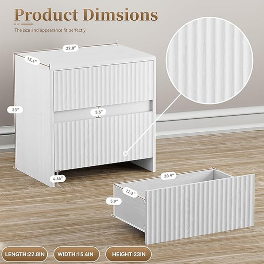 HOCAT Fluted Nightstand, 23" Wide Bedside Table with 2 Storage Drawers, Modern Night Stand for Bedroom, White