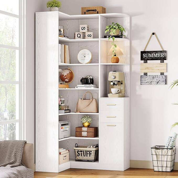 IRONCK Corner Bookshelf, 76" Tall Corner Bookshelves, 6 Tiers L-Shaped Bookcase with 10 Open Shelves and 2 Storage Drawers for Living Room or Home Office