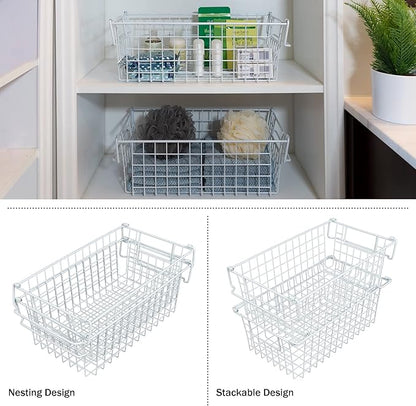 Home-Complete 2 pcs 16"x9" Medium Stackable Wire Baskets, Organizer Stacking Storage Bins for Shelf, Pantry, Kitchen, Cabinets, can also be used in Chest Freezers (White)