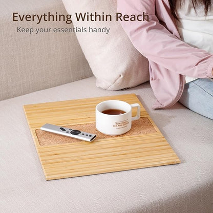 DETOR Sofa Arm Tray with Grained Cork Pad, Natural Bamboo Finish, Enhanced Non-Slip Bottom, Sturdy Bamboo Slats, Fits Armrests 4.6" and Wider