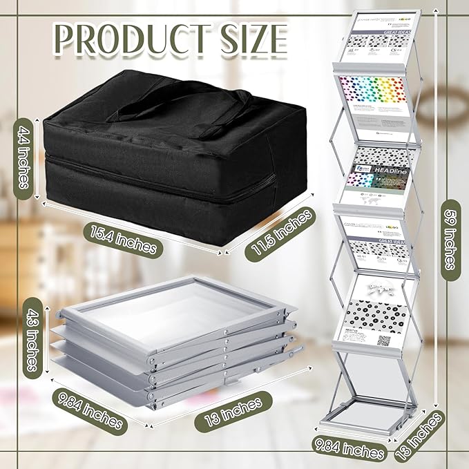 Tatuo Foldable Magazine Rack Metal Catalog Literature Rack Portable 6 Pockets with Carrying Bag Aluminum Brochure Stand Display Holder Stand for Exhibition Trade Show Office Retail Store