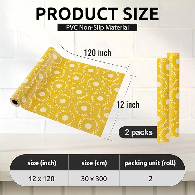 FIFTY FEET 12X120 Inch Shelf Liner for Kitchen Cabinets, PVC Drawer Liner for Dresser Non-Slip Bathroom, Non-Adhesive Cabinet Liner Washable (Yellow Circle)(2 Roll)