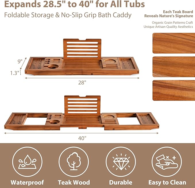 Realgulf Teak Bathtub Tray | Adjustable Width Tray with Wine Holder, Tablet/Phone & Book Stand, Splash-Proof for Bath Time- Natural