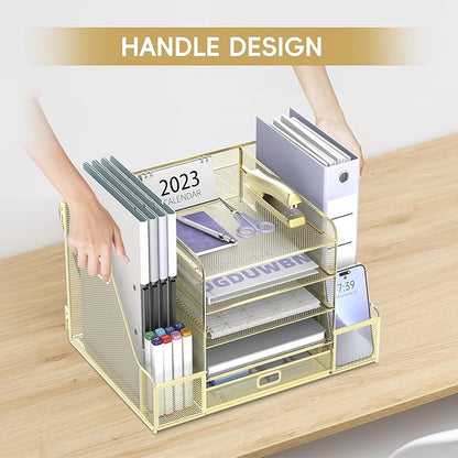 SUPEASY Mesh Desk Organizer with File Holder, 5-Tier Paper Letter Tray Organizer with Magazine Holder, Desktop Organizer and Storage with Drawer for Office Supplies Home or School (Golden)