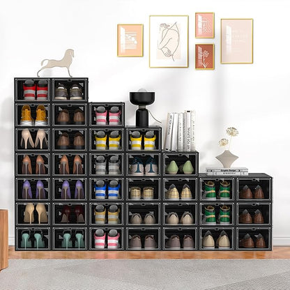 MCIJRJOI 12 Pack Hard Sturdy Thickened Rigid XX Large Shoe Storage Organizer for Closet, Clear Stackable Sneaker Shoe Boxes Rack Containers Display Case Bins with Lids, Black03