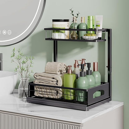 Under Sink Organizer and Storage, Height Adjustable Cabinet Organizer with Slide Out Drawer, Pull Out Under Sink Storage, Multi-Purpose 2 Tier Sink Shelves for Kitchen Bathroom Pantry (Black, 1 Pack)