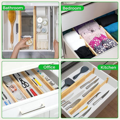 4 Pack Bamboo Kitchen Drawer Dividers with Inserts 2.6" High, Adjustable from 12.5 Inch to 21.7 Inch Drawer Organizers, Expandable Drawer Separators for Clothes, Bedroom, Dresser, Office (Beige)