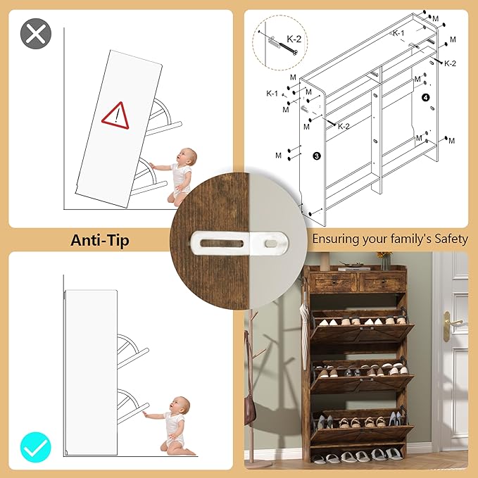 Shoe Cabinet with 3 Flip Drawers & 2 Storage Drawers, Rustic Farmhouse Narrow Shoe Organizer Cabinet, Slim Shoe Rack Cabinet, Shoe Storage Cabinet for Entryway, Hallway, Front Door