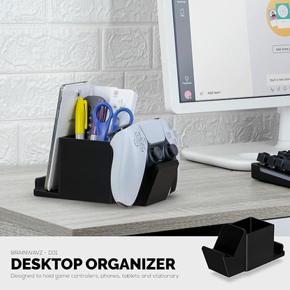 Desk Organizer with Game Controller Holder, Tablet Stand for iPads/iPhones, TV Remote & Pen Storage, Reduce Desktop Clutter, Have All Your Side Table Items in One Space (Black)