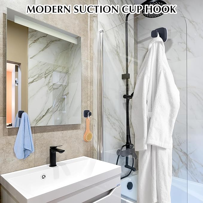 warlve Suction Cup Hooks for Shower - Reusable No-Drill Mounting - Hooks for Towels, Robes & Loofah on Metal, Glass, Mirrors, Tile & Smooth Non-Porous Surfaces (2, Matte Black)