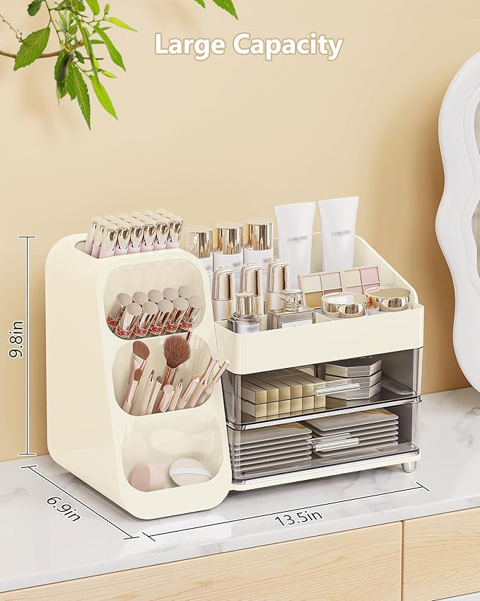 Anylady Makeup Organizer with Drawers, Skincare Organizer (Large Size Thick), Storage Box Cosmetic Display Cases, Make up Organizers for Vanity, Dresser, Desk, Kitchen, Countertop (cream)