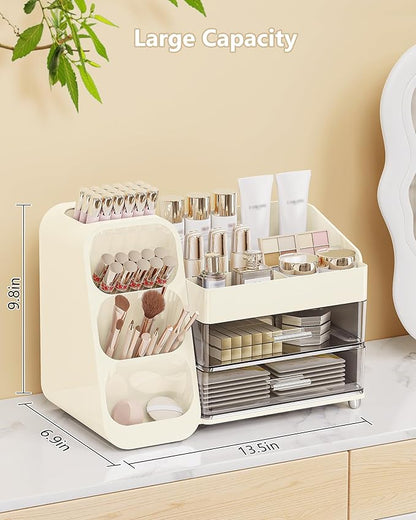 Anylady Makeup Organizer with Drawers, Skincare Organizer (Large Size Thick), Storage Box Cosmetic Display Cases, Make up Organizers for Vanity, Dresser, Desk, Kitchen, Countertop (cream)