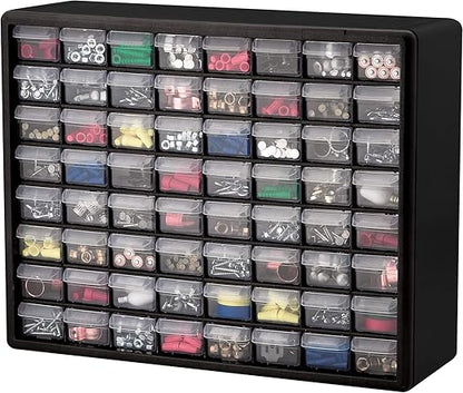Akro-Mils 64-Drawer Plastic Storage Cabinet, 20-Inch W x 6-Inch D x 16-Inch H | Black | Model 10164 | Garage Organization