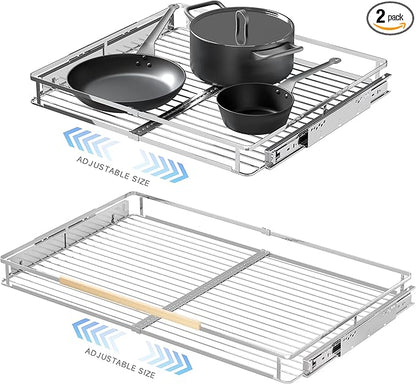 2Pack Expandable Pull Out Cabinet Organizer, 17.1~28" W x 22.5" D Heavy Duty Slide Out Shelves Adjustable Height Cabinet Pull Out Shelves,Expandable Width Spice Rack Organizer for Kitchen