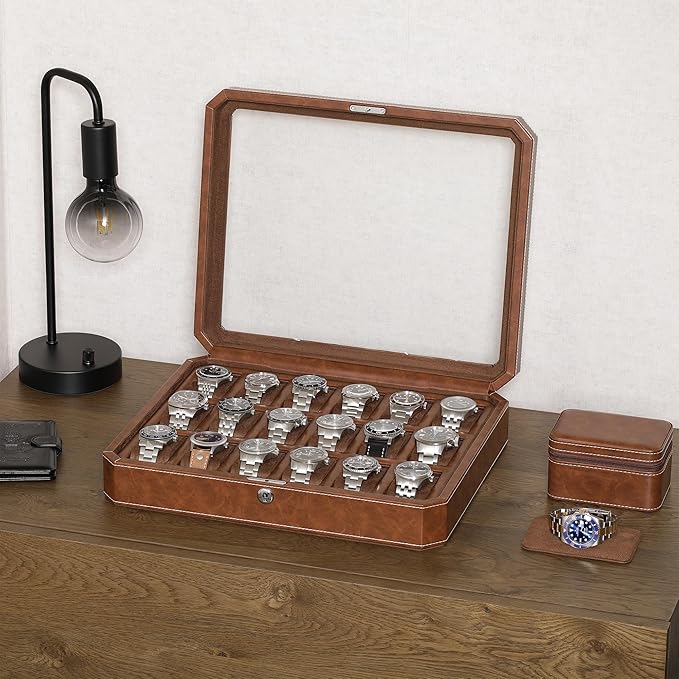 ROTHWELL 18-Slot Watch Case – Luxury Watch Box for Men, Real Glass Top, Lockable, Elegant Display for Collections (Tan/Brown)