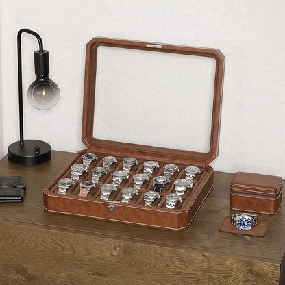 ROTHWELL 18-Slot Watch Case – Luxury Watch Box for Men, Real Glass Top, Lockable, Elegant Display for Collections (Tan/Brown)