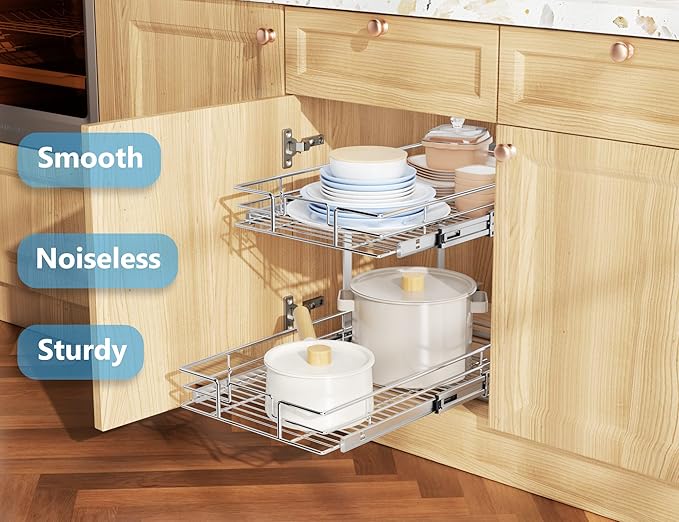 LOVMOR Individual Pull Out Cabinet Organizer, 2 Tier Slide Out Cabinet Drawers, Pots and Pans Organizer and Storage Pantry Shelf for Kitchen (15½" W x 21½" D)