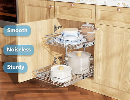 LOVMOR Individual Pull Out Cabinet Organizer, 2 Tier Slide Out Cabinet Drawers, Pots and Pans Organizer and Storage Pantry Shelf for Kitchen (20" W x 18" D)