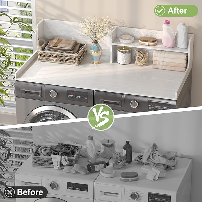 Washer Dryer Countertop, White - 2-Tier Wood 54" x 27.5" Laundry Topper with Safety Guard & Non-Slip Pads, Over The Washer Dryer Folding Shelf for Maximum Space Saving & Organization