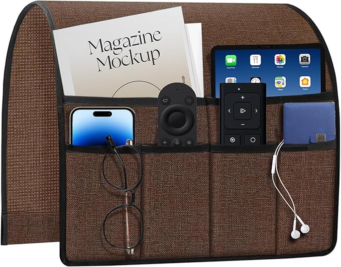 HAPLIFEZ Remote Holder for Recliner Armchair & Couch, Non Slip Sofa Armrest Organizer Caddy with 6 Pockets Thick Linen Fabric Storage for Tablet, Phone, iPad, Magazine, 19x35 Inches, Brown