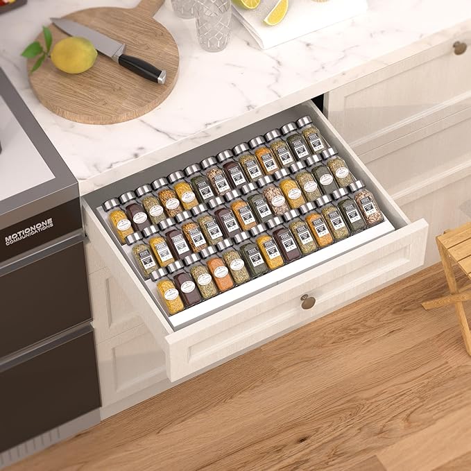Wobmmi Expandable Metal Spice Drawer Organizer,3-Tier Slanted Seasoning Jars Tray for Kitchen Cabinet Drawers Insert/Countertop (Jars not included)-3Tier,2packs/White